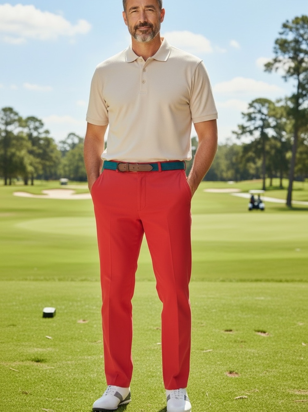 NWT 90s THOMPSON BRIGHT RED GOLF PANTS W STRIPE BELT ECLECTIC GRANDPA SZ 38WX34L
